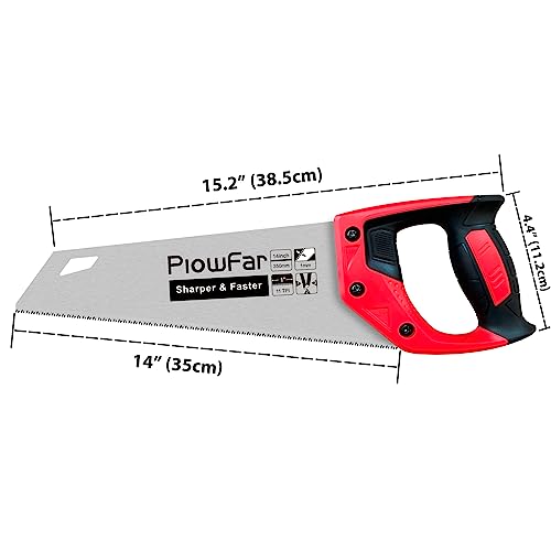 Plowfar 14 inch Hand Saw 11TPI Pro Fine Cut for Wood, Plastic Pipes, Drywall, Trees Trimming & Pruning, Sharp Manual Saw for Woodworking, Red PLOWFAR