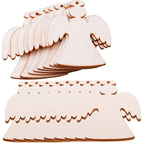 Pack of 50 Wooden Crafts to Paint 3 inch Christmas Tree Hanging Ornaments Unfinished Wood Cutouts Christmas Decoration DIY Crafts (Wooden Angel malyunin