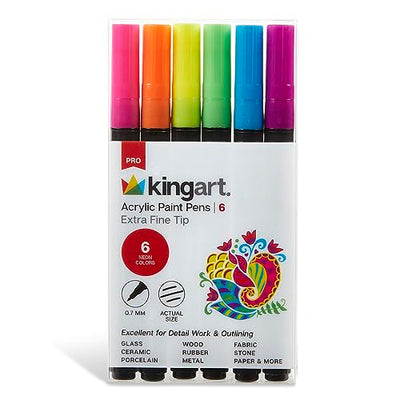 KINGART 453-6C PRO Neon 6 Ct. Extra Fine Paint Pens, 0.7mm Tip, 6 Fluorescent Acrylic Paint Markers, Low-Odor Water-Based Quick Dry Paint Markers for