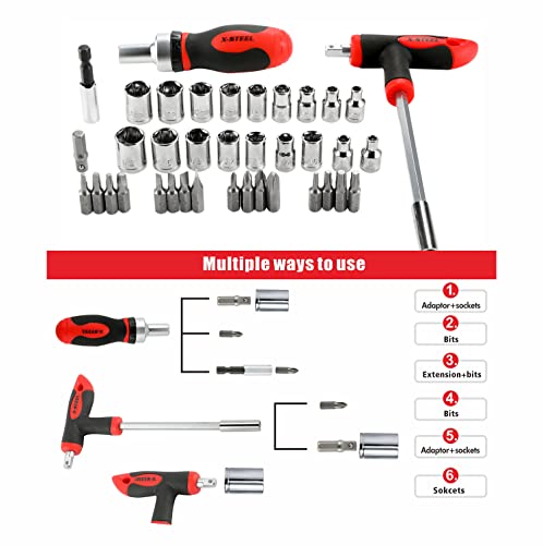 Ratcheting screwdriver sets nut driver set Magnetic Muti Screwdriver Bits Sockets Set T-handle Rachet Tools Set Basic Tool Kit 38-piece for home X-STEEL
