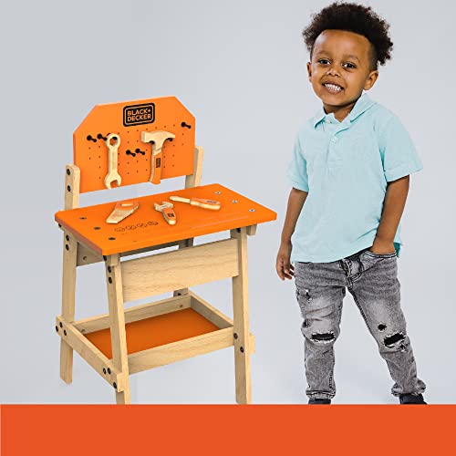 Black & Decker Kids Workbench and six Piece Wooden Tool Set for Girls and Boys, Pretend Play Construction Tools Black & Decker