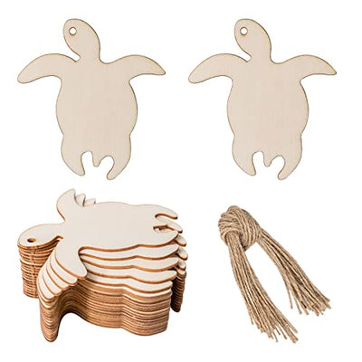 Unfinished Turtle Wooden Tag Hanging Wood Sea Animals Wood Cutout Blank Wood Slices Wooden Gift Tags with Twine for Christmas Holiday Wedding
