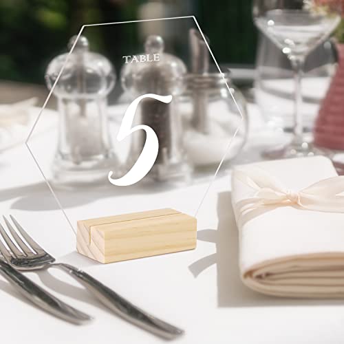 Clear Hexagon Acrylic Table Sign with Wood Stand-10 Pack 5.5 Inch Blank Hexagon Table Numbers with Wood Base, DIY Hexagon Acrylic Sign Blank for JINMURY
