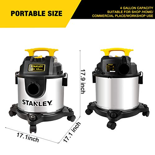 STANLEY 4 Gallon Wet Dry Vacuum, 4 Peak HP Stainless Steel 3 in 1 Shop Vacuum Blower with Powerful Suction, Vacuum for Job Site, Garage, Basement, Stanley