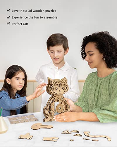 Wooden 3D Puzzles for Adults Model kit Cat Clock Kids Wall Clock Decor for Birthday Gift/Christmas Day Jigtoy