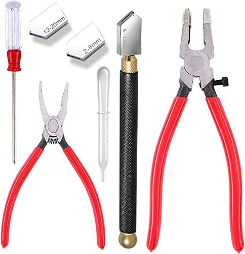 Qovydx 7Pcs Glass Cutting Tools Kit Grozer Plier Stained Glass Cutter Tool Starter Kits Glass Running Pliers Breaking Grozing Pliers Breaker with Qovydx