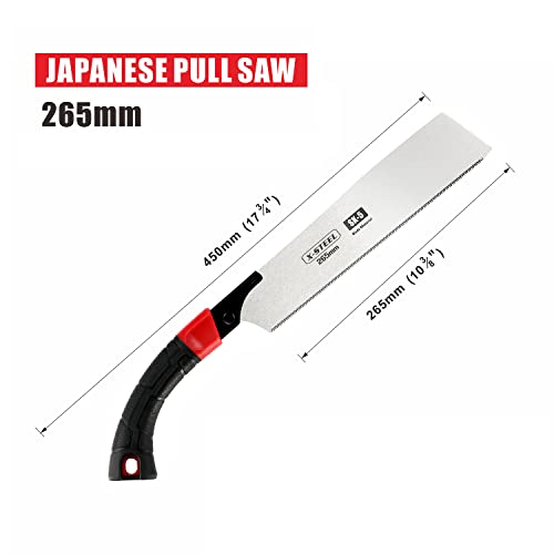 Japanese Pull Saw Hand Flush deep Cutting Trim Saw 10-2/5 Inch (265MM) SK-5 Steel Blade Razor Fine Teeth Saw with Non-slip Rugged curved Handle Ideal X-STEEL