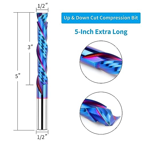 EANOSIC Compression Spiral Router Bit 1/2 Inch Shank, Extra Long 5 Inch Overall Length, 3 Inch Cutting Length, UP&Down CNC Router Bits for EANOSIC