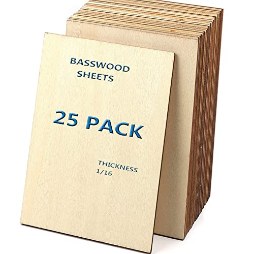 Unfinished Wood Pieces,25Pcs Basswood Sheets 1/16,Thin Plywood Wood Sheets for Crafts,Perfect for DIY Projects, Painting, Drawing, Laser, Wood