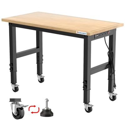 LARBANKE 48" Adjustable Workbench with Wheels,Heavy-Duty Rubber Wood Worktable with Power Outlets & Precision Scales & Foot Pads,2000 LBS Load