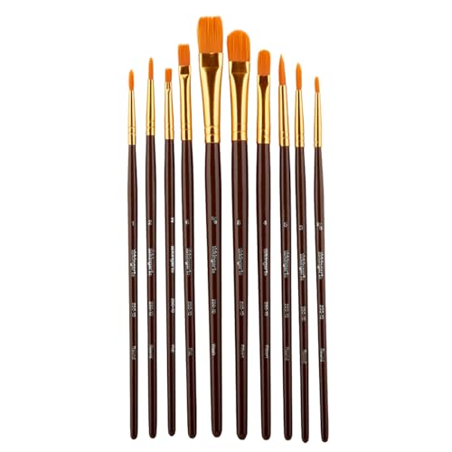 KINGART 250-10 Acrylic Art Paint Brush Set, 10 Round & Flat Brown Nylon Short Handle Brushes for Acrylic, Oil, and Watercolor, Rock Painting, Face KINGART