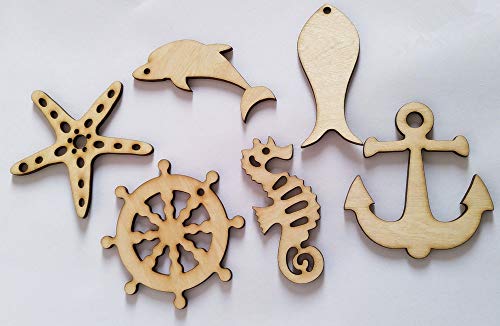 18PCS Mediterranean Style Wood Sea Horse Starfish Dolphin Anchor Helmsman Hanging Decoration, Holiday Party Wedding Supplies (Mixed) RUIXUAN
