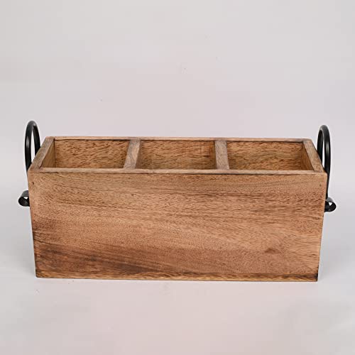 Samhita Mango Wood Cutlery Holder Caddy Organizer Wooden Utensils Storage Organizer Countertop for Silverware Fork Spoon Spatula 3 compartments (11" Samhita