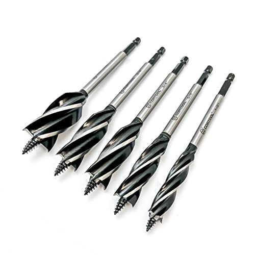 CORTOOL Auger Drill Bit for Wood,1/2", 5/8", 3/4" and 1" Inch Size with Quick Change Hex Shank 5-Piece Drill Bit Set for Wood Cortool