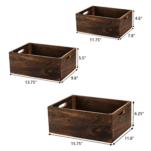 Frcctre Set of 3 Wood Nesting Storage Crates with Handles, Decorative Farmhouse Wooden Crates Storage Containers Rustic Handmade Natural Solid Wood Frcctre