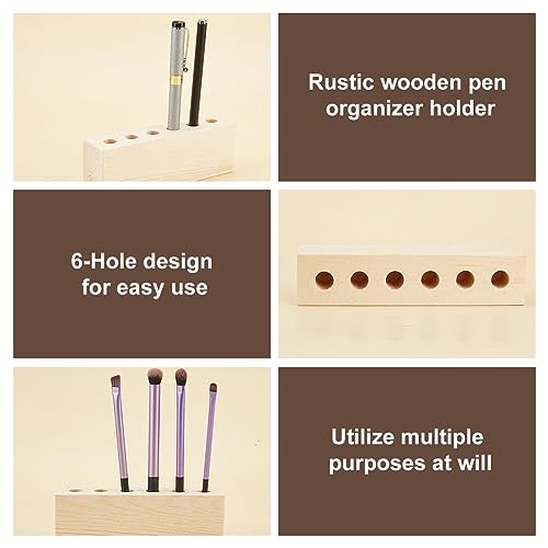 OLYCRAFT 6-Hole Wood Desktop Pen Holder with 12mm Round Hole Fountain Pen Stand Rustic Wooden Pen Organizer Office Desk Pen Holder for Pen Storage OLYCRAFT