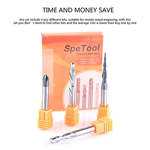 SpeTool CNC Router Bits Carving Set for Wood Profile V Groove Engraving Solid Carbide 1/4 Inch Shank SpeTool
