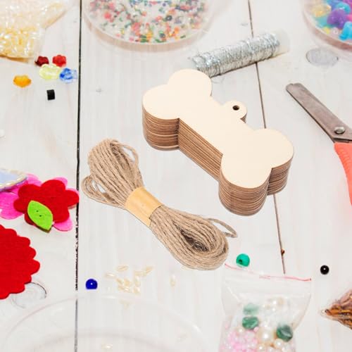 Cabilock Bone Shaped Wooden Cutouts, Mini Dog Bone 24pcs DIY Dog Bone Ornament Dog House Door Signs Unfinished Wood Hanging Bone with Jute Twine Cabilock
