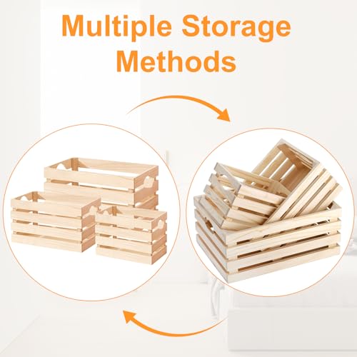 Voittozege 3 Pack Wooden Nesting Crates with Handles,Decorative Wood Crates Crate Box Wooden Storage Box Nesting Solid Wood Crates for Kitchen, Voittozege