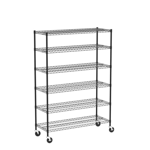 Storage Shelves 6000lbs Capacity, 6 Tier Metal Shelf on Casters 48" L×18" W×76" H Movable Heavy Duty Shelving Unit NSF Wire Shelf with Wheels for TYNB