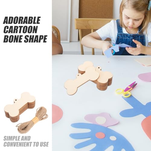 Cabilock Bone Shaped Wooden Cutouts, Mini Dog Bone 24pcs DIY Dog Bone Ornament Dog House Door Signs Unfinished Wood Hanging Bone with Jute Twine Cabilock