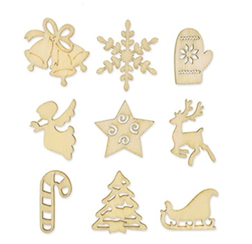 Mini Laser Cuts Wood Shapes - Snowflake, Candy Cane, Star, Mitten, Angel, Bells, Reindeer, Tree, Sleigh Holiday Icons - 45 Pieces - 1'' Across Multicraft