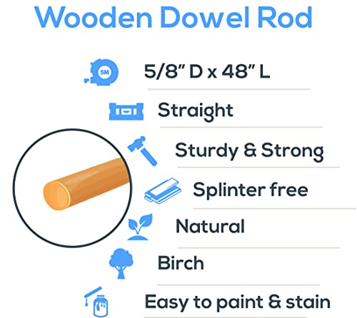 Dowel Rods Wood Sticks Wooden Dowel Rods - 5/8 x 48 Inch Unfinished Hardwood Sticks - for Crafts and DIYers - 5 Pieces by Woodpeckers Woodpeckers