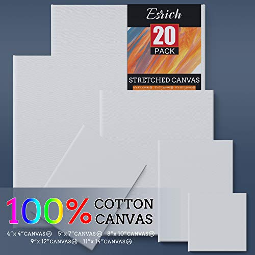 Stretched Canvas for Painting, Multi Size 11x14, 9x12, 8x10, 5x7, 4x4(4 of Each), 20 Packs Primed Blank Canvases, Very Good for Beginners or ESRICH
