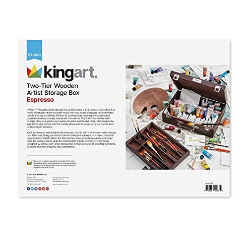 KINGART 720 Wood Art Storage Box With Espresso Stain, 2-Tier Wood Case with 10 Dividers, Holds Markers, Paint, Brushes, Pencils, And More KINGART