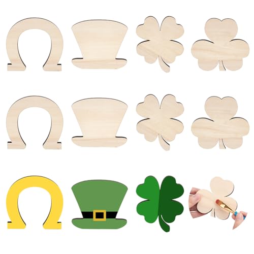 MAYJOYDIY 8pcs Shamrock Wooden Cutouts Unfinished Wood Shamrock Clover Cutouts Shamrock/Horseshoe/Four Clover/Hat Ornaments for DIY Craft Art MAYJOYDIY