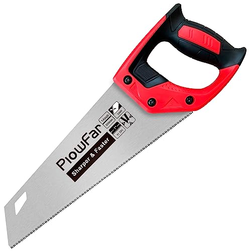 Plowfar 14 inch Hand Saw 11TPI Pro Fine Cut for Wood, Plastic Pipes, Drywall, Trees Trimming & Pruning, Sharp Manual Saw for Woodworking, Red PLOWFAR