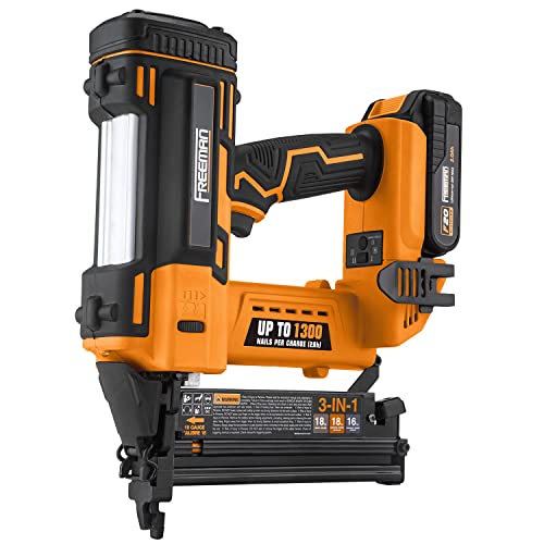 Freeman PE20V31618G 20 Volt Cordless 3-in-1 16 and 18 Gauge Nailer/Stapler Kit with Lithium Ion Battery, Charger, Bag, and Fasteners (600 Count) – Freeman