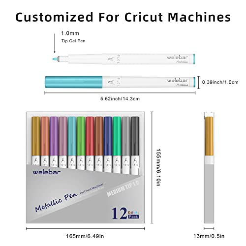 Welebar 12 Pack Metallic Pen Set, 1.0 Tip Marker Pen for Cricut Maker 3/Maker/Explore 3/Air 2/ Air, Metallic Ink Markers for Writing, Drawing, Welebar