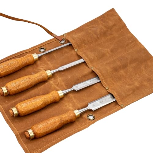 Mt Diablo Wood Chisel Set - 4pc with waxed canvas tool roll. This set of woodoworking tools comes in 4 sizes and comes with a hand tool bag. Mt Diablo