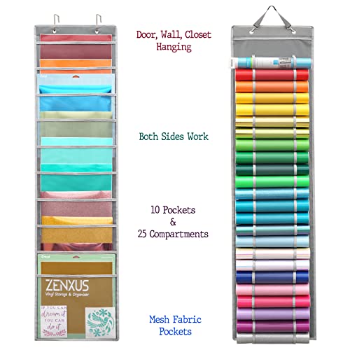 Hanging Vinyl Organizer, Double-Sided, ZENXUS 25 Compartments Roll Storage, Backside 10 Pockets for 12x12 Vinyl Sheet, Cardstock, Scrapbook Paper, ZENXUS