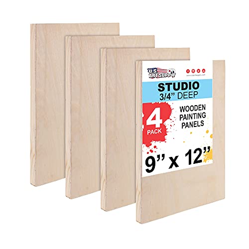 U.S. Art Supply 9" x 12" Birch Wood Paint Pouring Panel Boards, Studio 3/4" Deep Cradle (Pack of 4) - Artist Wooden Wall Canvases - Painting U.S. Art Supply