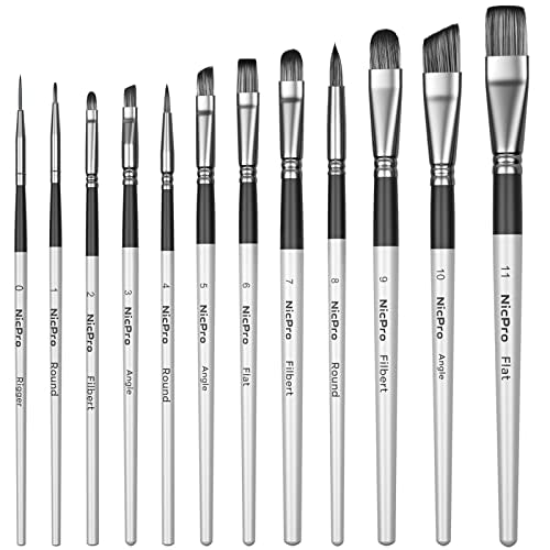 Nicpro 12 PCS Acrylic Paint Brushes Adult Art Paint Brush Set for Watercolor Oil Gouache Face Body Craft Miniatures Painting,Paintbrushes Nicpro