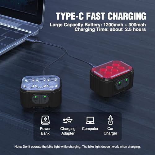 WORKPRO Bike Lights Set Ultra Bright, 8+13 Modes, Rechargeable Bicycle Light, IP65 Waterproof Bike Lights for Night Riding, 1200mAh Bike Headlight WORKPRO