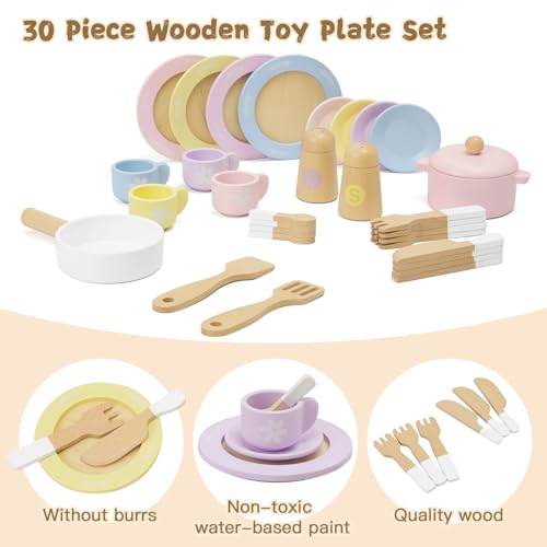 Frogprin 30 PCS Wooden Toy Plates and Dishes for Kids, Play Kitchen Accessories Set, Pretend Play Food Sets for Children Kitchen, Montessori Toys for Frogprin