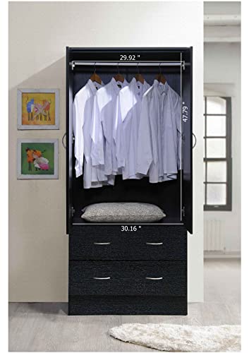 HODEDAH 2 Door Wood Wardrobe Bedroom Closet with Clothing Rod inside Cabinet and 2 Drawers for Storage, Black Hodedah
