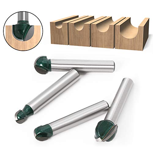 Yakamoz 4Pcs 1/4" Shank Round Nose Router Bit Core Box Router Bits Set Round Groove CNC Sign Making Router Cutter Woodworking Carving Cutting Tool YAKAMOZ