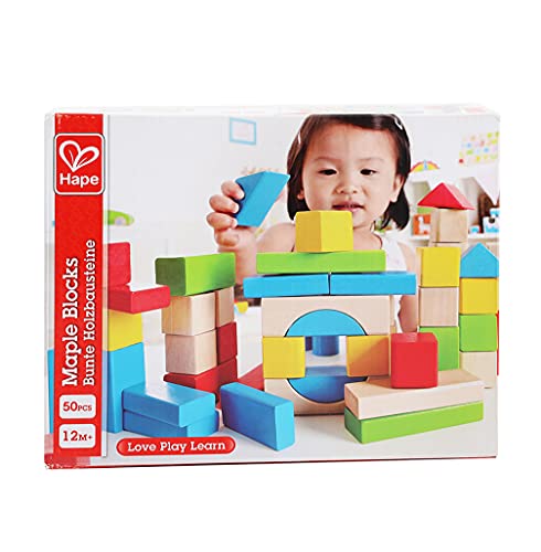 Maple Wood Kids Building Blocks by Hape | Stacking Wooden Block Educational Toy Set for Toddlers, 50 Brightly Colored Pieces in Assorted Shapes and Hape
