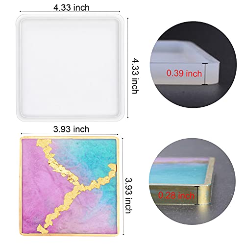 ResinWorld 4 Pack 4 inches Square Coaster Molds, Shiny Coaster Silicone Mold for Resin, Geode Aagte Coaster Resin Molds ResinWorld