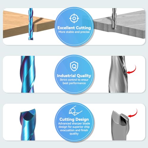 HQMaster Extra Long Spiral Router Bit 1/4 inch Shank Solid Carbide CNC Router Bit with Nano Blue Coating End Mill for Wood Cut Carving (1/4” x 1/4” x HQMaster