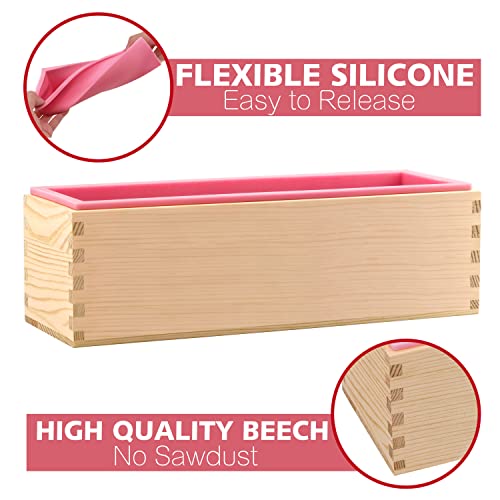 LERYKIN Rectangular Soap Mold Kit with Cutter- 42oz Flexible Silicone Loaf Soap Mold with Wood Box, Stainless Steel Wavy & Straight Scraper for Lerykin
