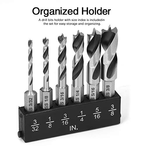 COMOWARE Brad Point Stubby Drill Bit Set for Wood, 6pcs HSS 4241 Steel with 1/4-Inch Quick Change Hex Shank COMOWARE