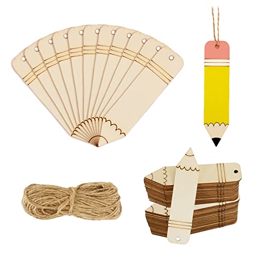 Whaline 20Pcs Back to School DIY Craft Cutout Wooden Pencil Shaped Hanging Ornaments Back to School Craft Cutout with Hemp Rope for First Day of Whaline
