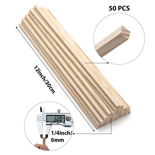 50PCS 1/4" x 12" Square Wooden Dowel Rods, Small Wood Square Dowel Rods Unfinished Wood Craft Sticks Hardwood Sticks Wooden Strips for Arts and Coowayze