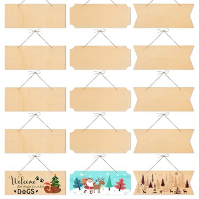 15 Pieces Unfinished Hanging Wood Sign Rectangle Blank Hanging Decorative Wood Plaque Wooden Slices Banners with Ropes for Pyrography Painting