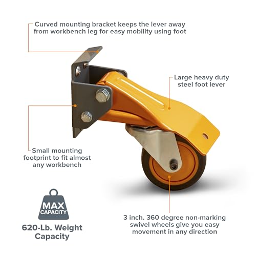 BORA Heavy Duty Workbench 4-Caster Set for Workshop Mobility, Swivel, Locking 155 pound Non-marking Rubber 3-inch Wheels, Total Weight Capacity of Bora